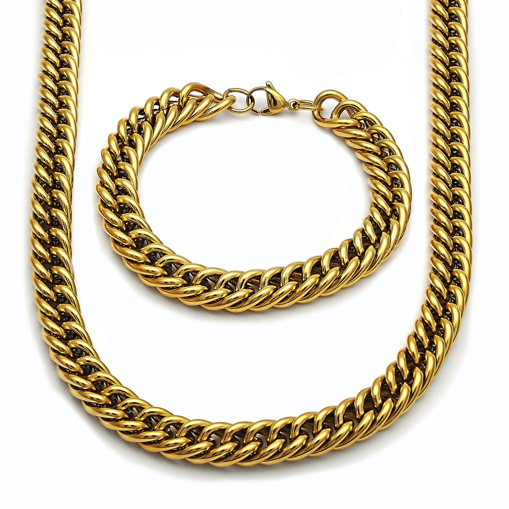 Stainless Steel Necklace and Bracelet, Miami Cuban Design, Polished, Golden Finish