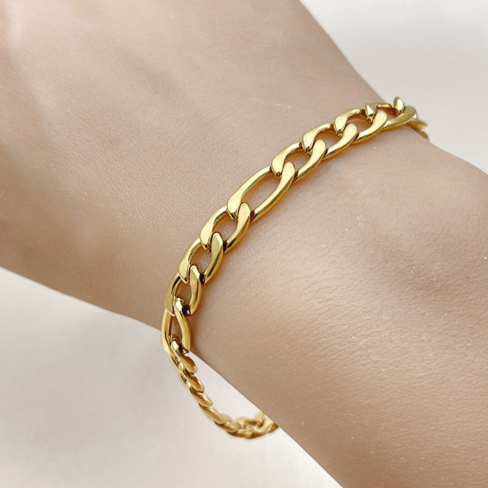 Stainless Steel Basic Bracelet, Figaro Design, Polished, Golden Finish
