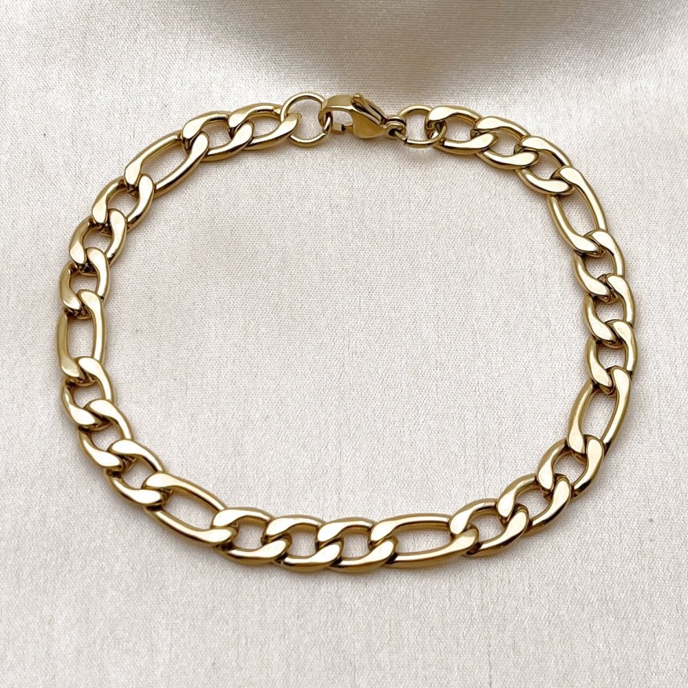 Stainless Steel Basic Bracelet, Figaro Design, Polished, Golden Finish