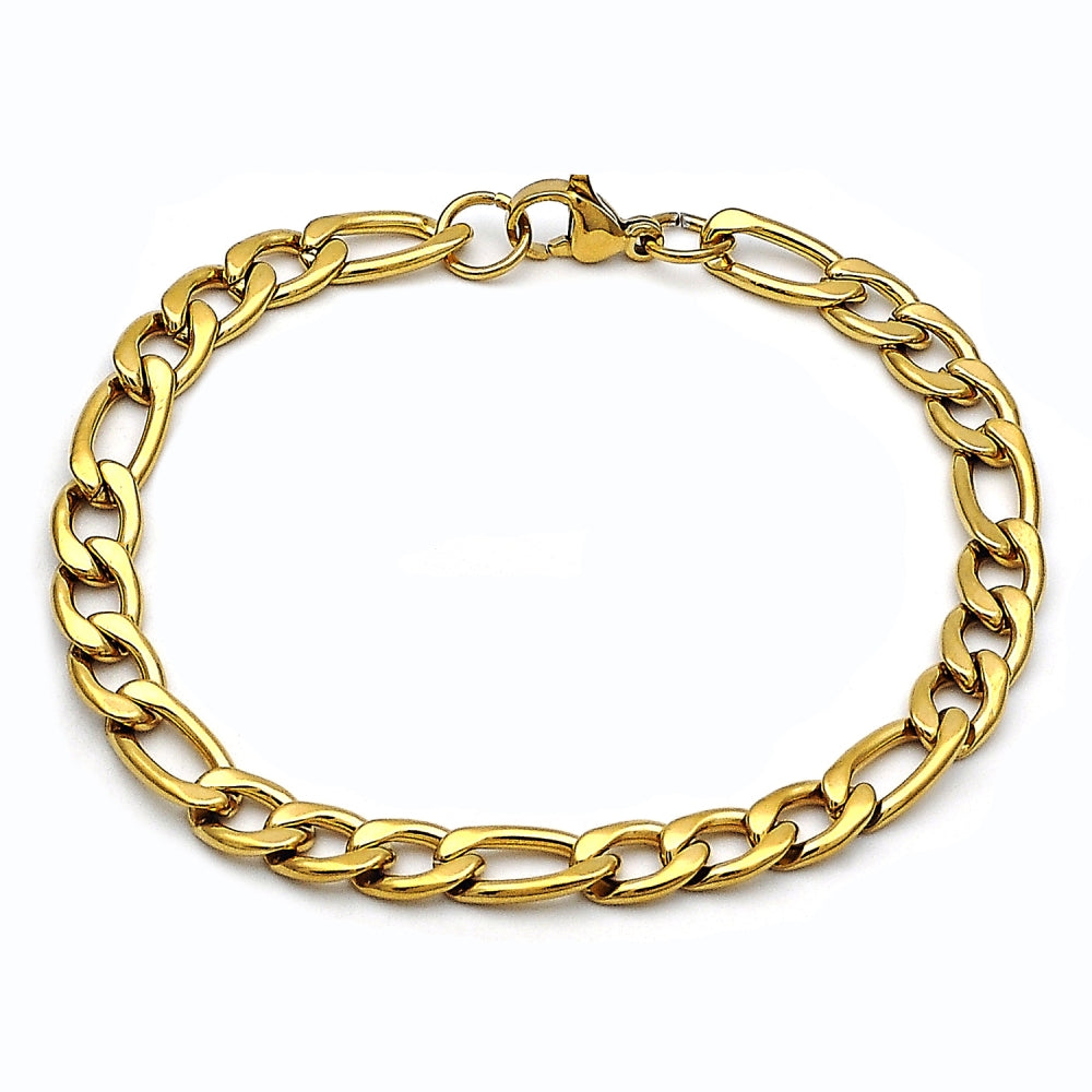 Stainless Steel Basic Bracelet, Figaro Design, Polished, Golden Finish