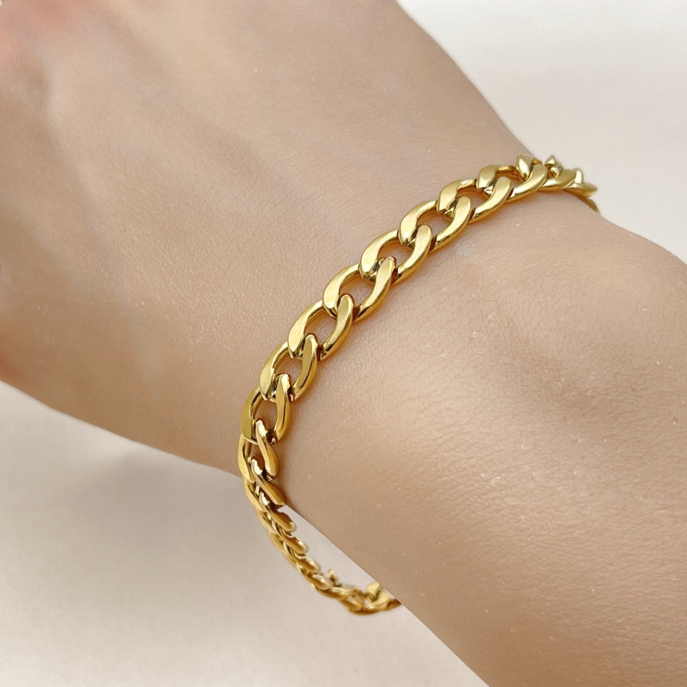 Stainless Steel Basic Bracelet, Curb Design, Polished, Golden Finish