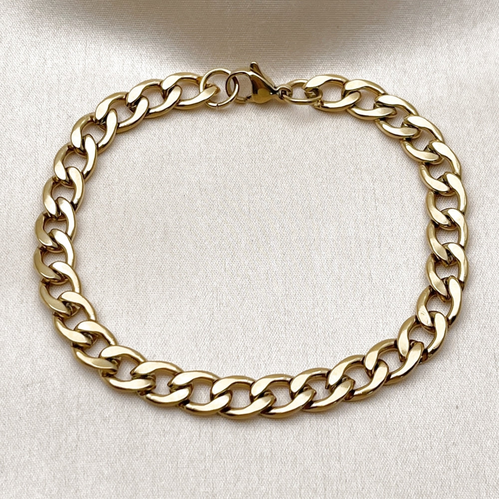 Stainless Steel Basic Bracelet, Curb Design, Polished, Golden Finish