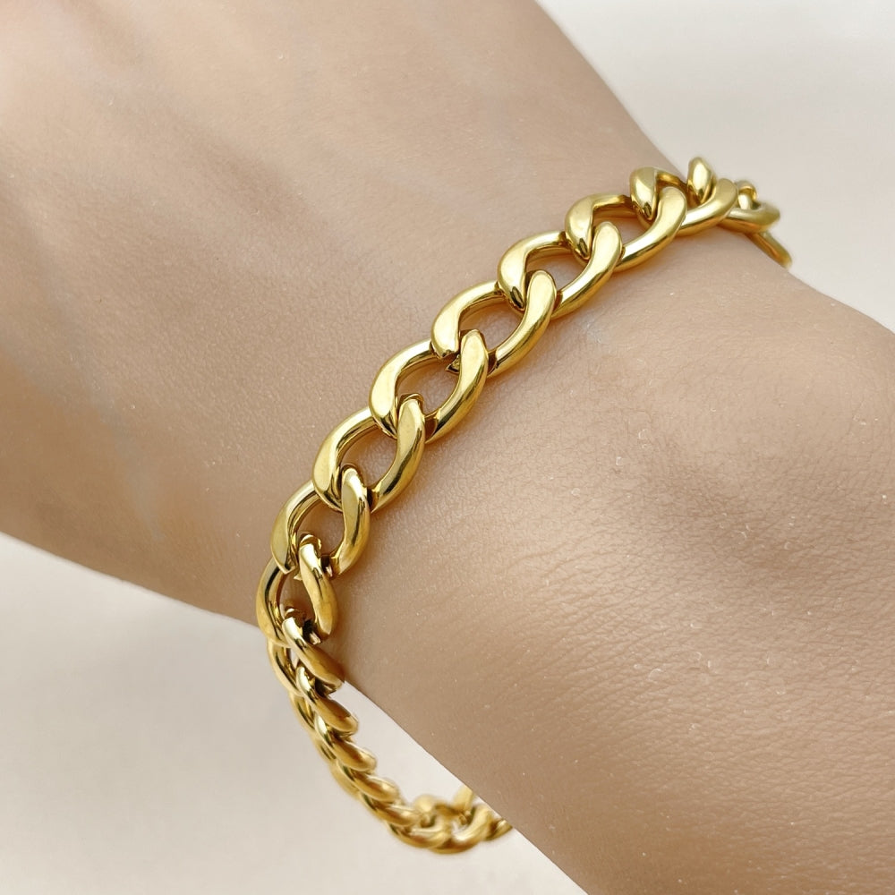 Stainless Steel Basic Bracelet, Curb Design, Polished, Golden Finish