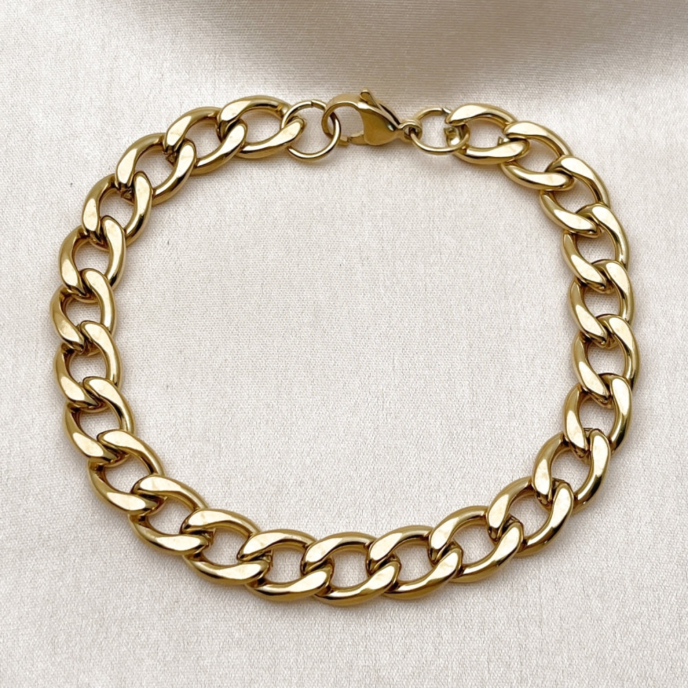 Stainless Steel Basic Bracelet, Curb Design, Polished, Golden Finish