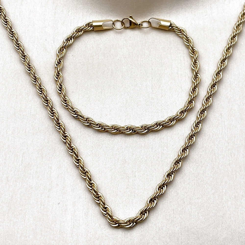Stainless Steel Necklace and Bracelet, Rope Design, Polished, Golden Finish