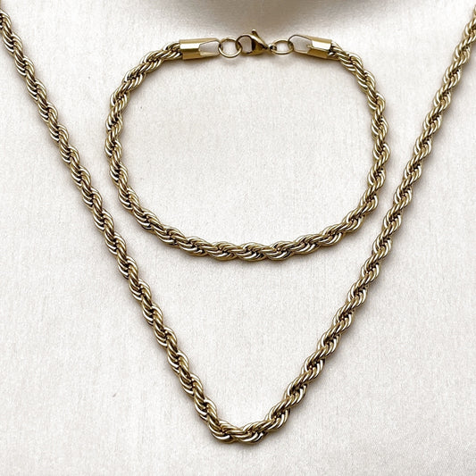 Stainless Steel Necklace and Bracelet, Rope Design, Polished, Golden Finish
