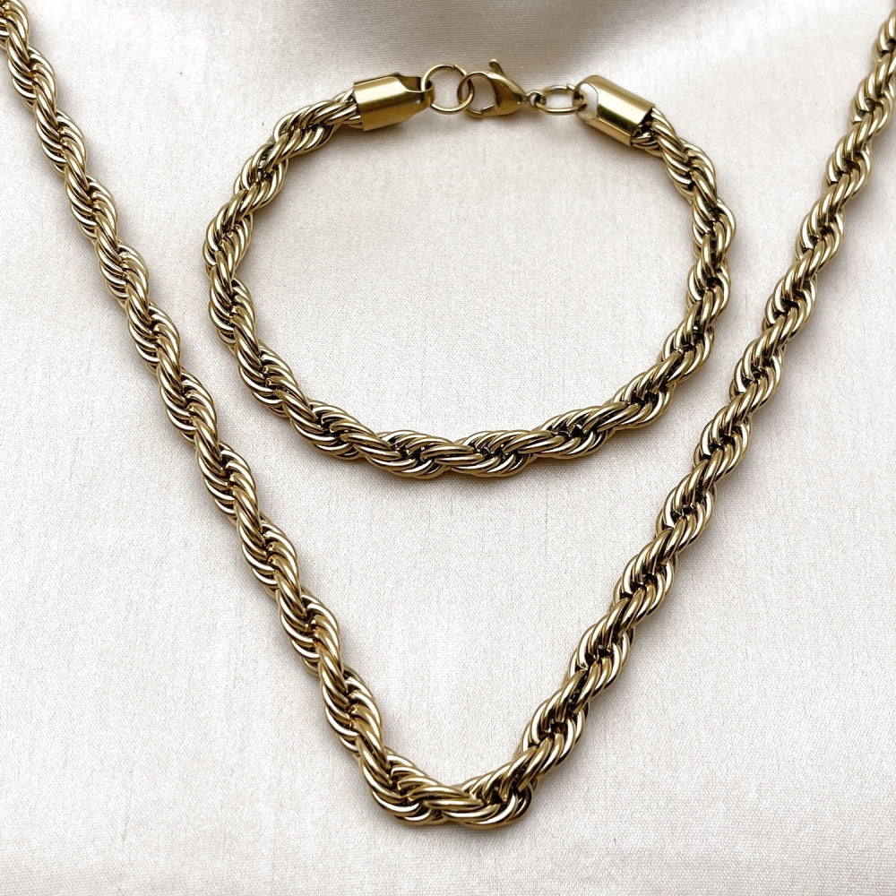 Stainless Steel Necklace and Bracelet, Rope Design, Polished, Golden Finish