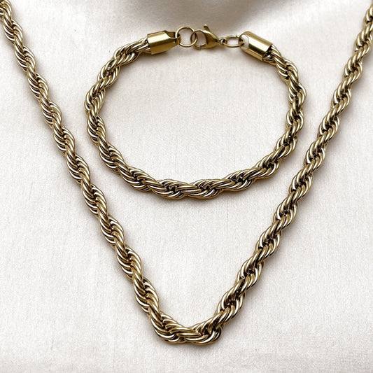 Stainless Steel Necklace and Bracelet, Rope Design, Polished, Golden Finish