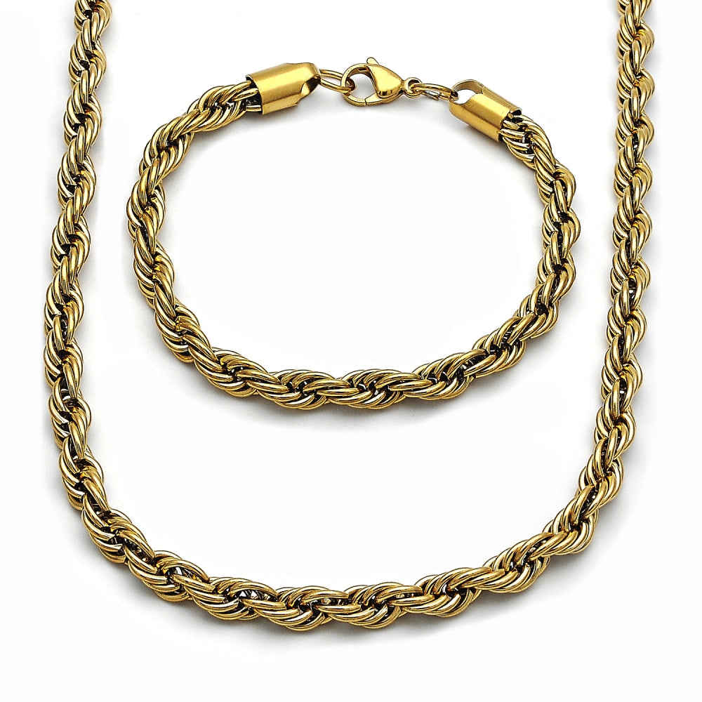 Stainless Steel Necklace and Bracelet, Rope Design, Polished, Golden Finish