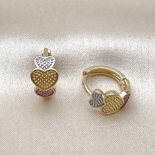 Oro Laminado Huggie Hoop, Gold Filled Style Heart Design, Polished, Tricolor