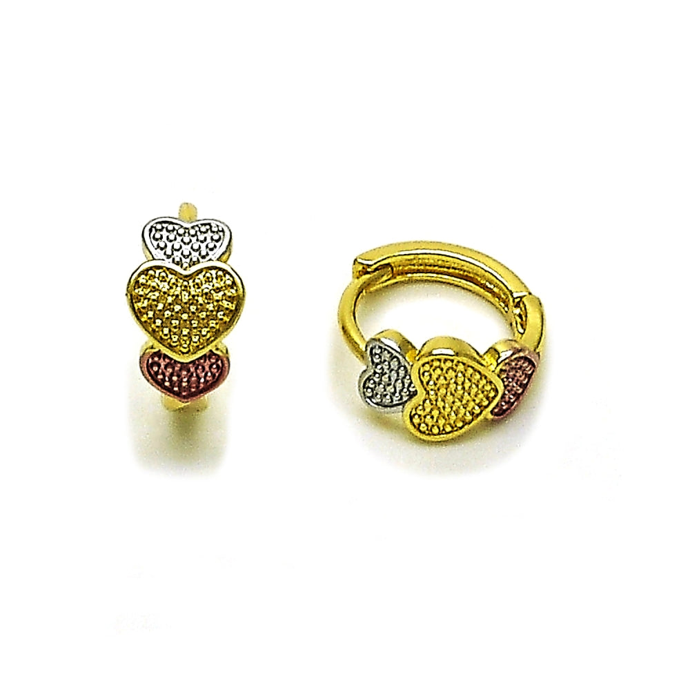 Oro Laminado Huggie Hoop, Gold Filled Style Heart Design, Polished, Tricolor