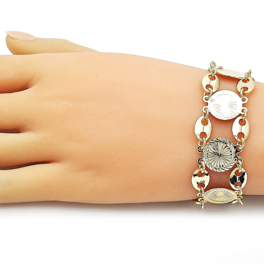 Oro Laminado Fancy Bracelet, Gold Filled Style Puff Mariner Design, Diamond Cutting Finish, Tricolor