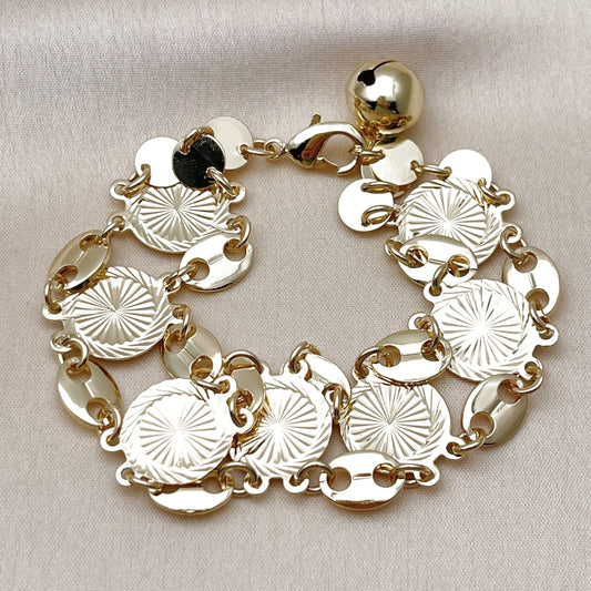 Oro Laminado Fancy Bracelet, Gold Filled Style Puff Mariner Design, Diamond Cutting Finish, Tricolor