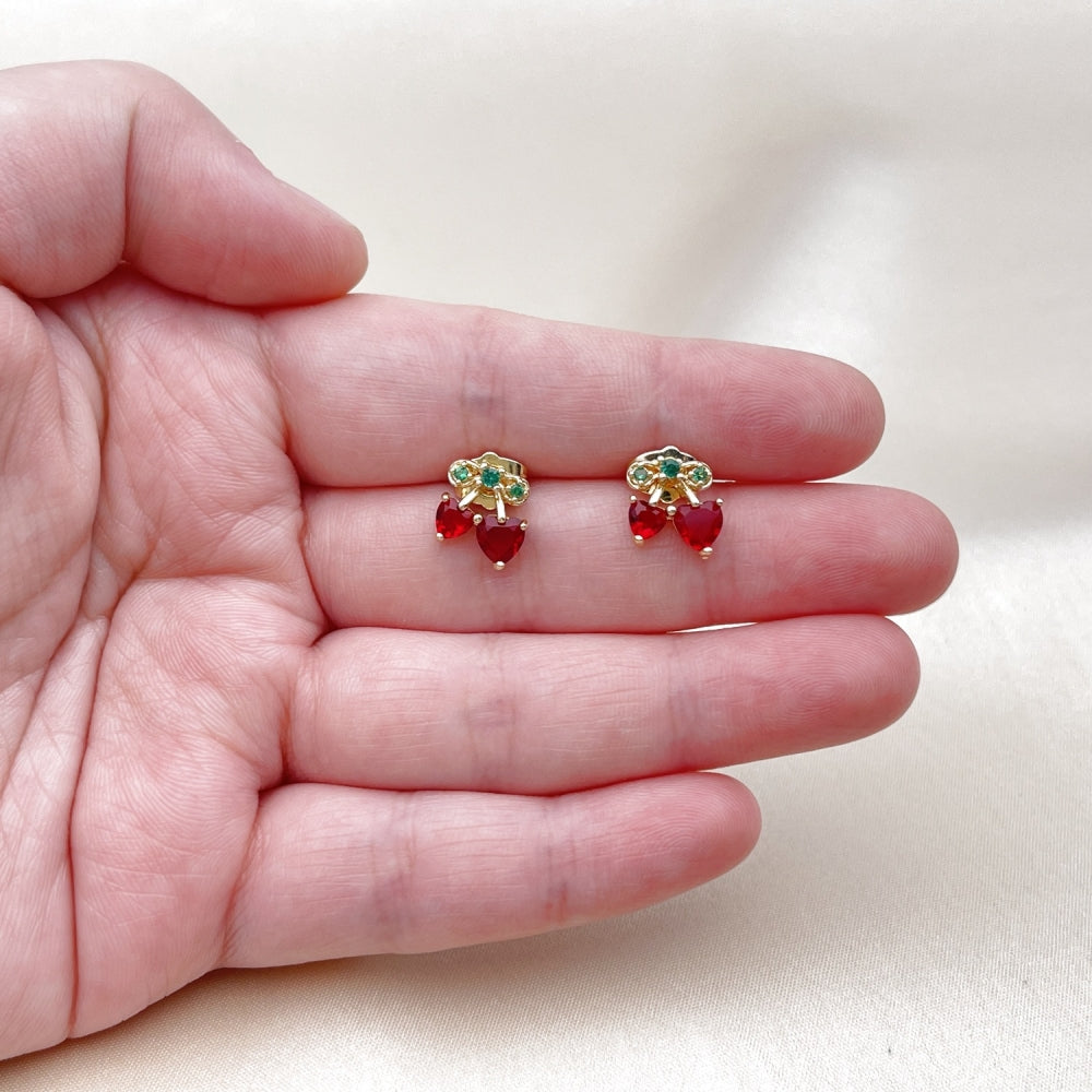 Oro Laminado Stud Earring, Gold Filled Style Cherry and Heart Design, with Garnet and Green Cubic Zirconia, Polished, Golden Finish