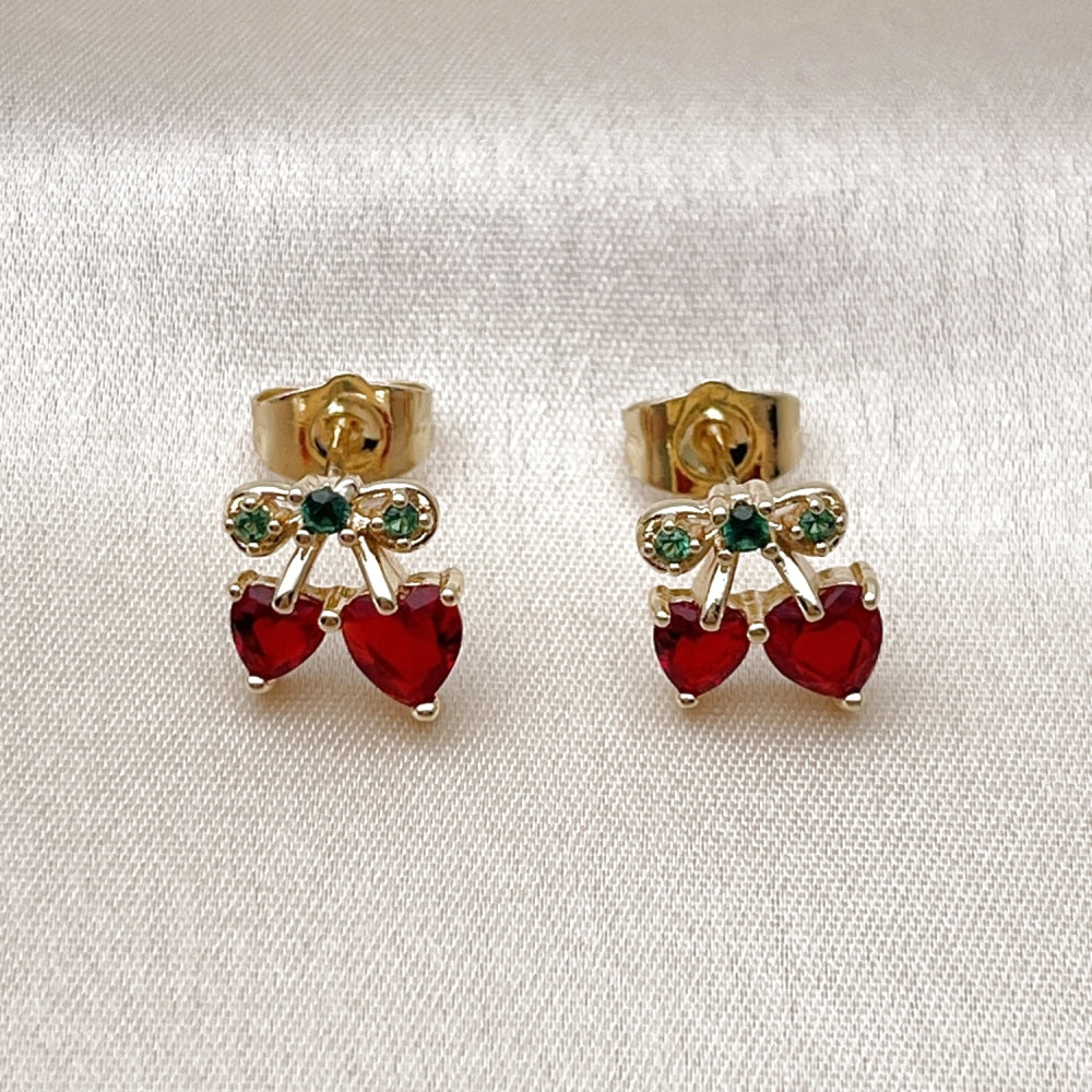 Oro Laminado Stud Earring, Gold Filled Style Cherry and Heart Design, with Garnet and Green Cubic Zirconia, Polished, Golden Finish