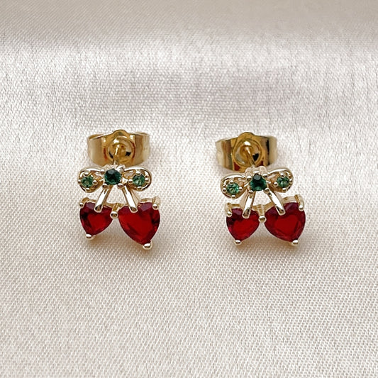 Oro Laminado Stud Earring, Gold Filled Style Cherry and Heart Design, with Garnet and Green Cubic Zirconia, Polished, Golden Finish
