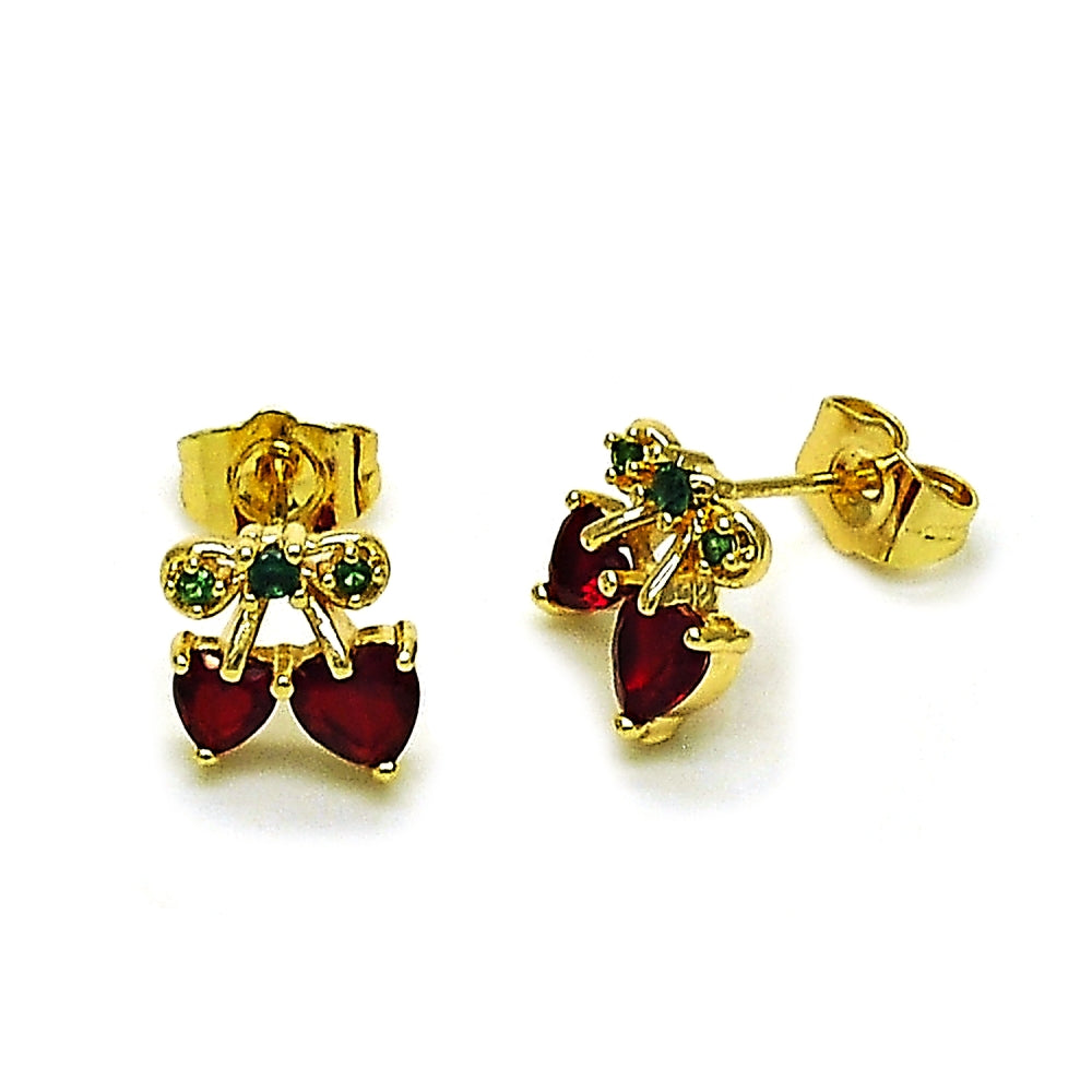 Oro Laminado Stud Earring, Gold Filled Style Cherry and Heart Design, with Garnet and Green Cubic Zirconia, Polished, Golden Finish