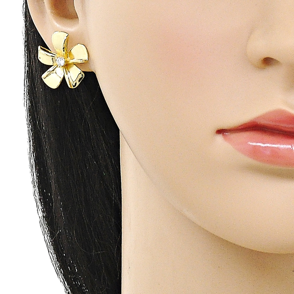 Oro Laminado Stud Earring, Gold Filled Style Flower Design, with White Cubic Zirconia, Polished, Rose Gold Finish