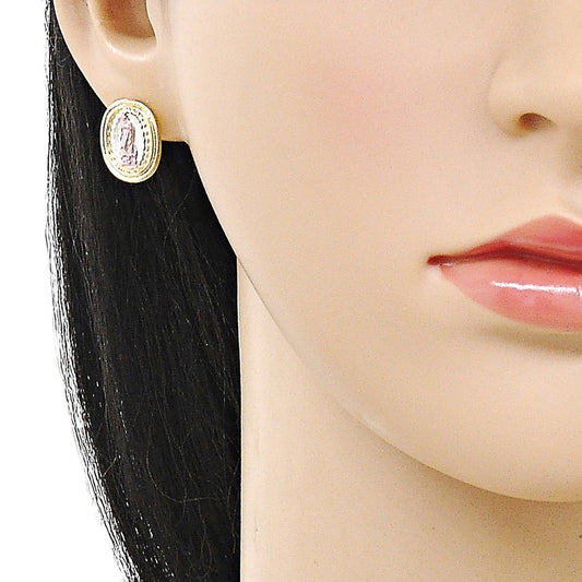 Oro Laminado Stud Earring, Gold Filled Style Guadalupe Design, Polished, Tricolor