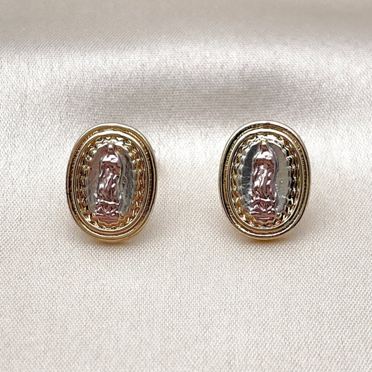 Oro Laminado Stud Earring, Gold Filled Style Guadalupe Design, Polished, Tricolor