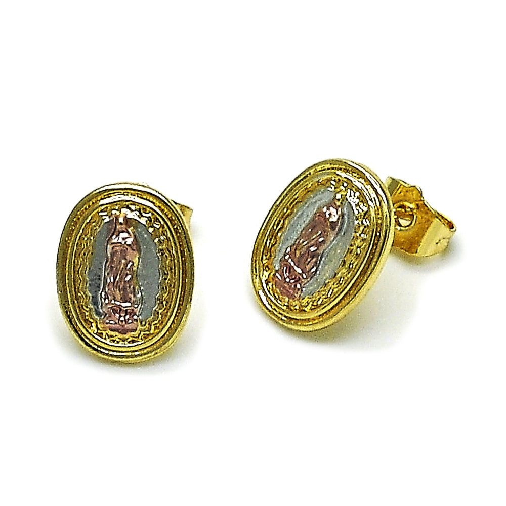Oro Laminado Stud Earring, Gold Filled Style Guadalupe Design, Polished, Tricolor