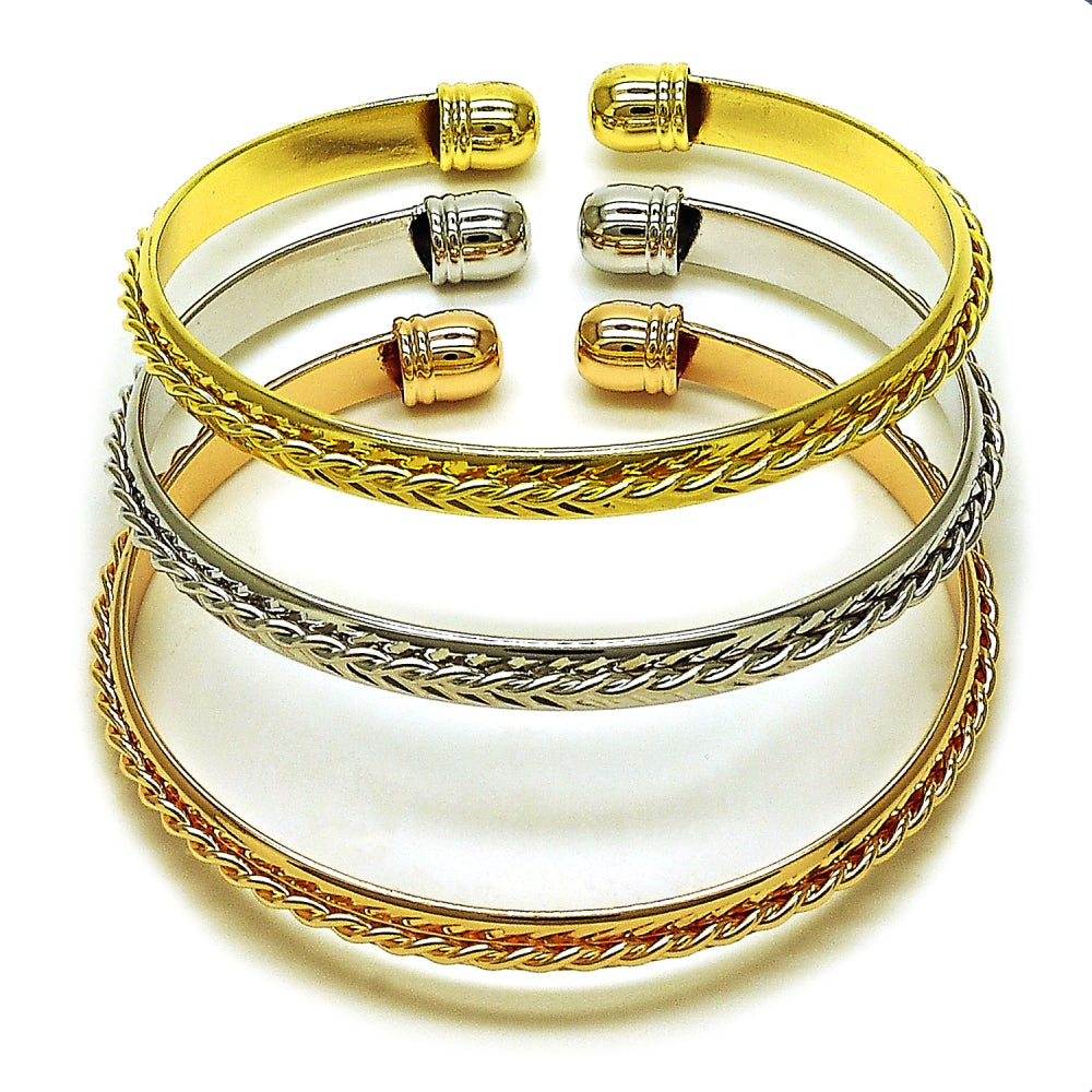 Oro Laminado Trio Bangle, Gold Filled Style Twist Design, Polished, Tricolor