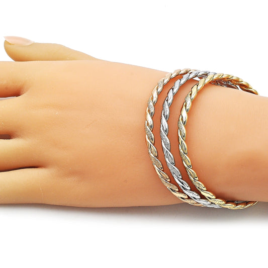 Oro Laminado Trio Bangle, Gold Filled Style Twist Design, Matte Finish, Tricolor