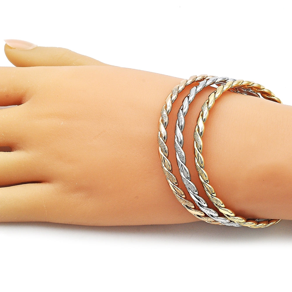 Oro Laminado Trio Bangle, Gold Filled Style Twist Design, Matte Finish, Tricolor