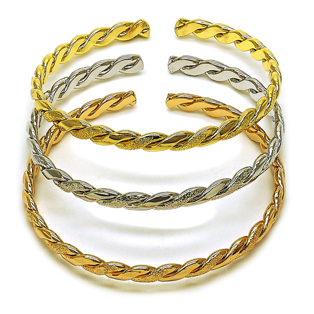 Oro Laminado Trio Bangle, Gold Filled Style Twist Design, Matte Finish, Tricolor