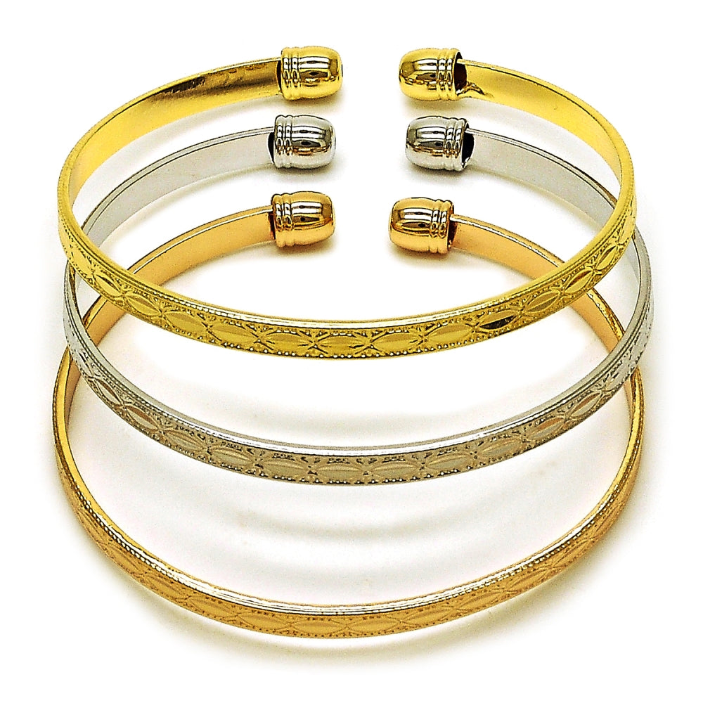 Oro Laminado Trio Bangle, Gold Filled Style Diamond Cutting Finish, Tricolor