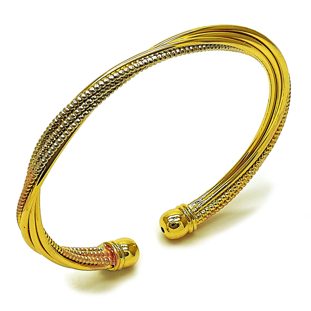 Oro Laminado Individual Bangle, Gold Filled Style Twist Design, Diamond Cutting Finish, Tricolor