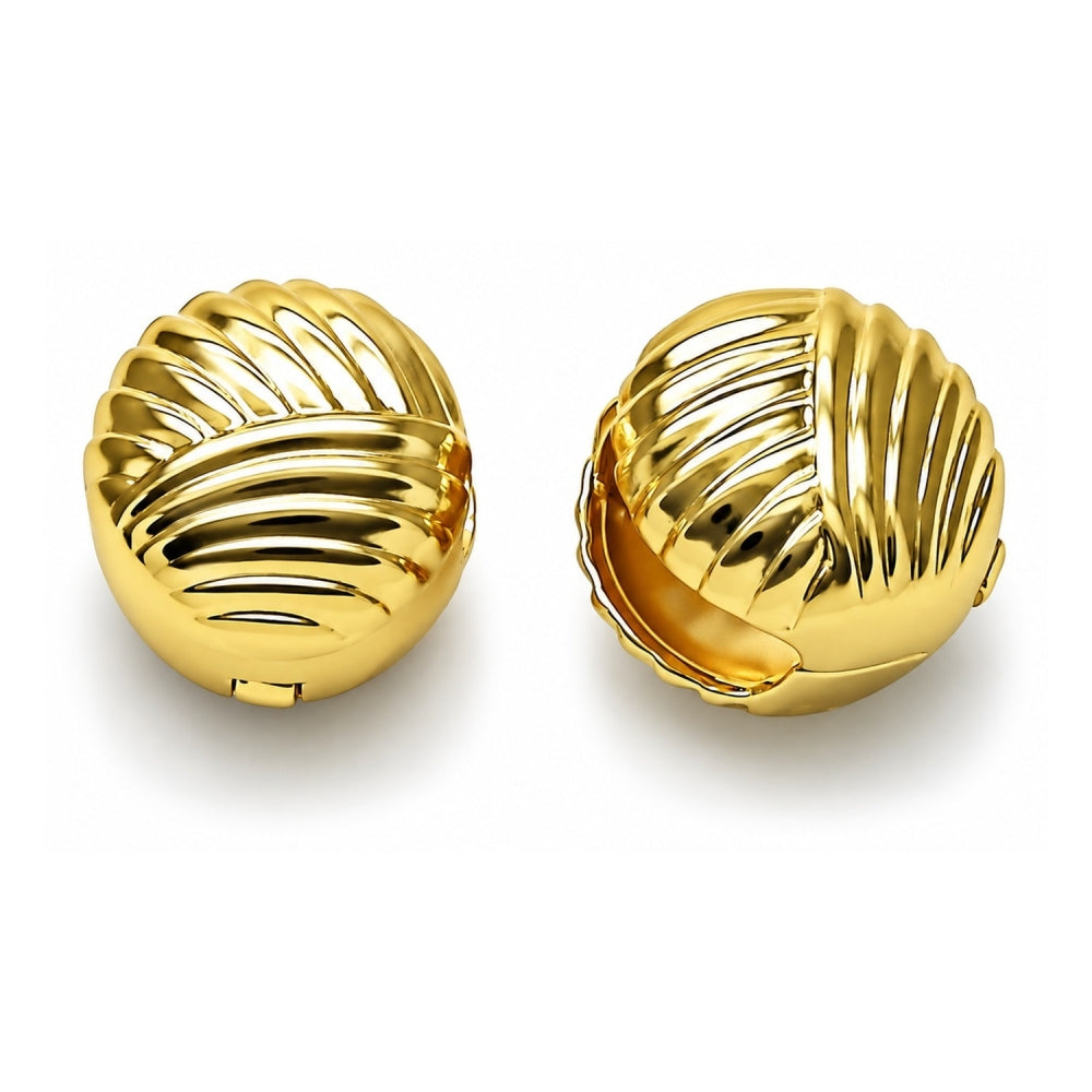 Oro Laminado Huggie Hoop, Gold Filled Style Ball Design, Diamond Cutting Finish, Golden Finish
