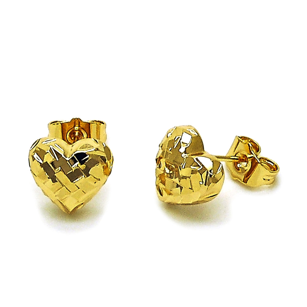 Oro Laminado Stud Earring, Gold Filled Style Heart Design, Diamond Cutting Finish, Golden Finish