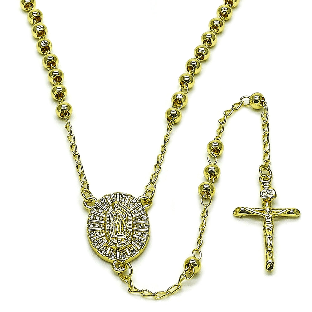 Oro Laminado Thin Rosary, Gold Filled Style Guadalupe and Ball Design, with White Cubic Zirconia, Polished, Golden Finish