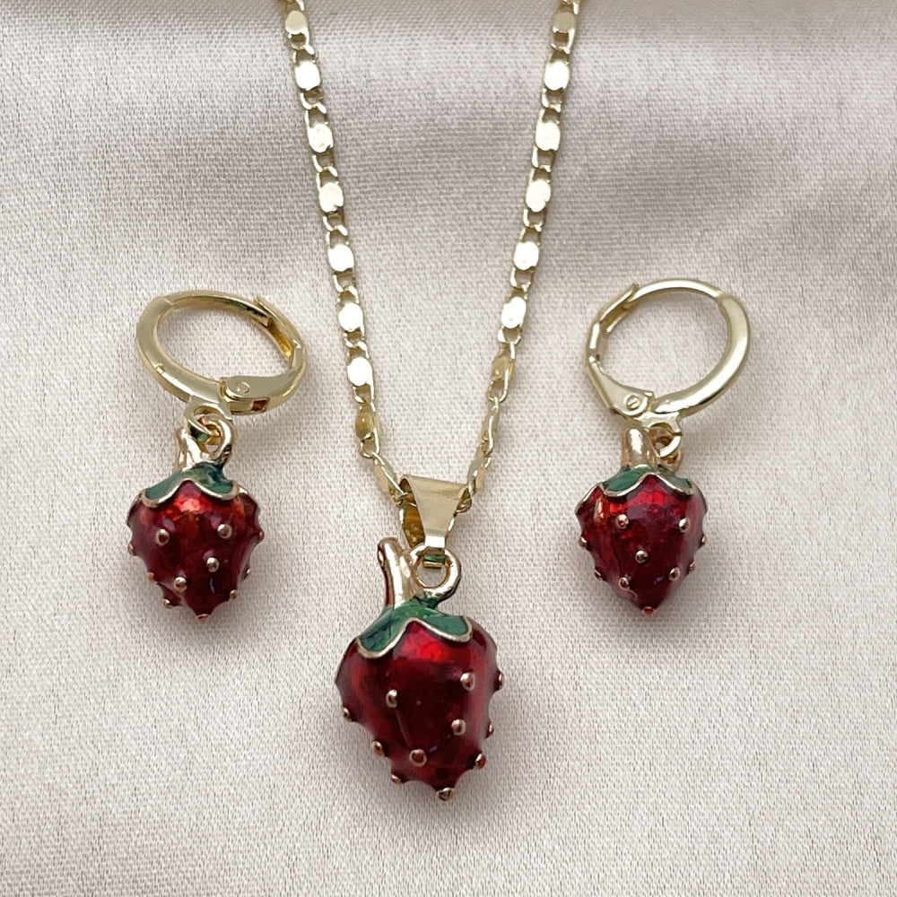 Oro Laminado Earring and Pendant Adult Set, Gold Filled Style Strawberry Design, Red Enamel Finish, Golden Finish