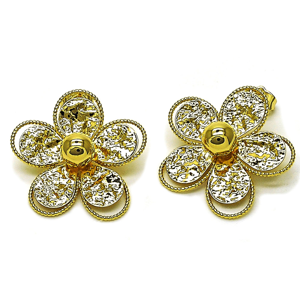 Oro Laminado Stud Earring, Gold Filled Style Flower Design, Diamond Cutting Finish, Golden Finish