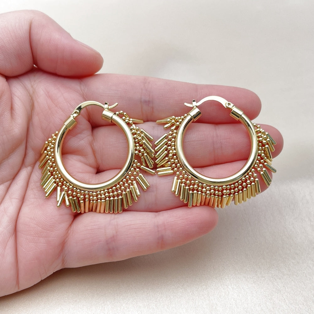 Oro Laminado Medium Hoop, Gold Filled Style Ball Design, Polished, Golden Finish