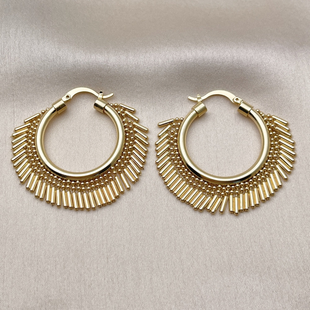 Oro Laminado Medium Hoop, Gold Filled Style Ball Design, Polished, Golden Finish