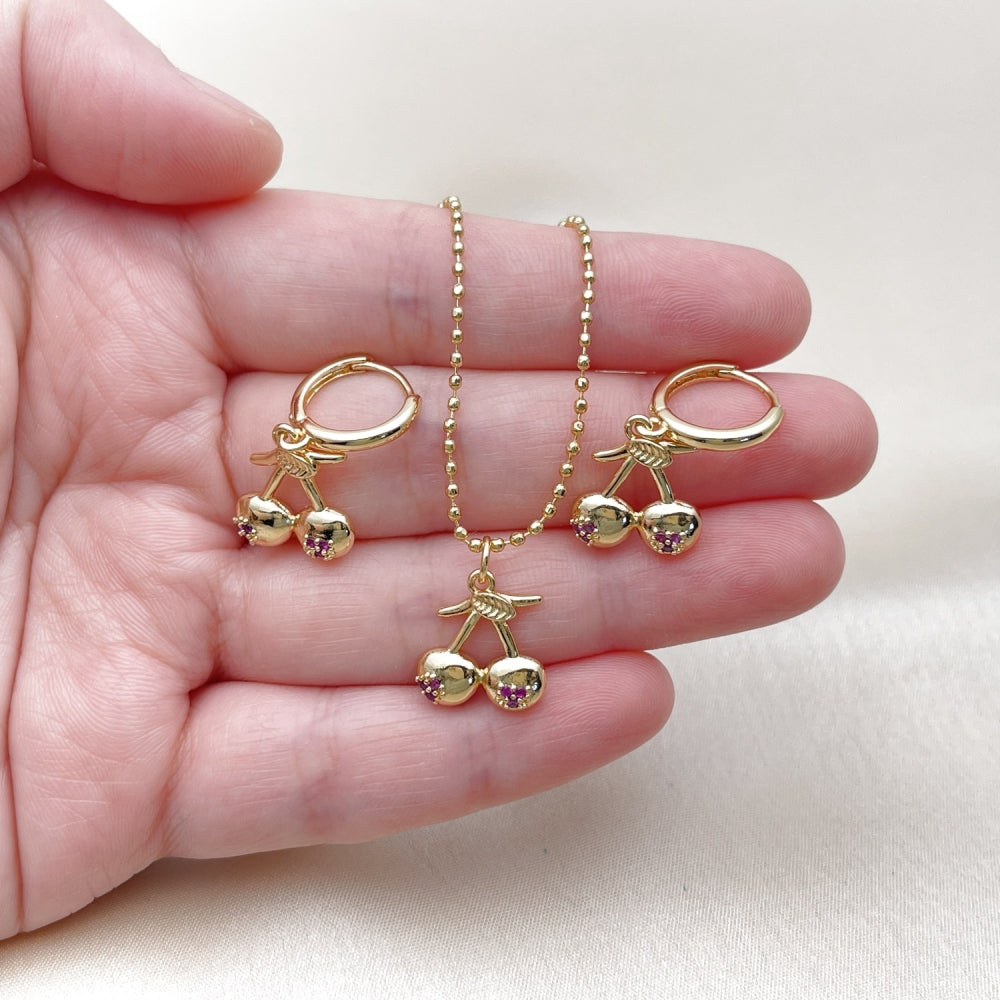 Oro Laminado Earring and Pendant Adult Set, Gold Filled Style Cherry Design, with Ruby Micro Pave, Polished, Golden Finish