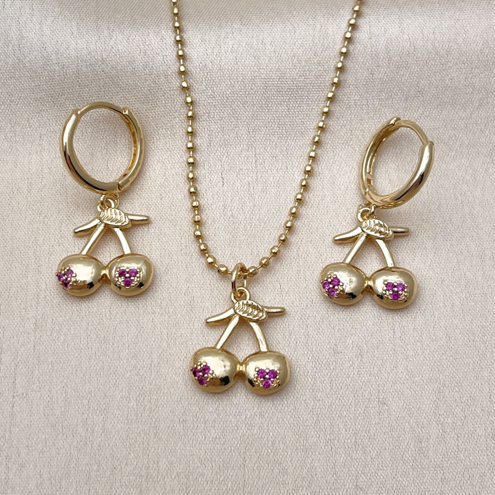 Oro Laminado Earring and Pendant Adult Set, Gold Filled Style Cherry Design, with Ruby Micro Pave, Polished, Golden Finish