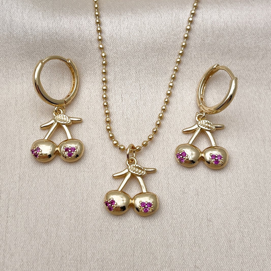 Oro Laminado Earring and Pendant Adult Set, Gold Filled Style Cherry Design, with Ruby Micro Pave, Polished, Golden Finish