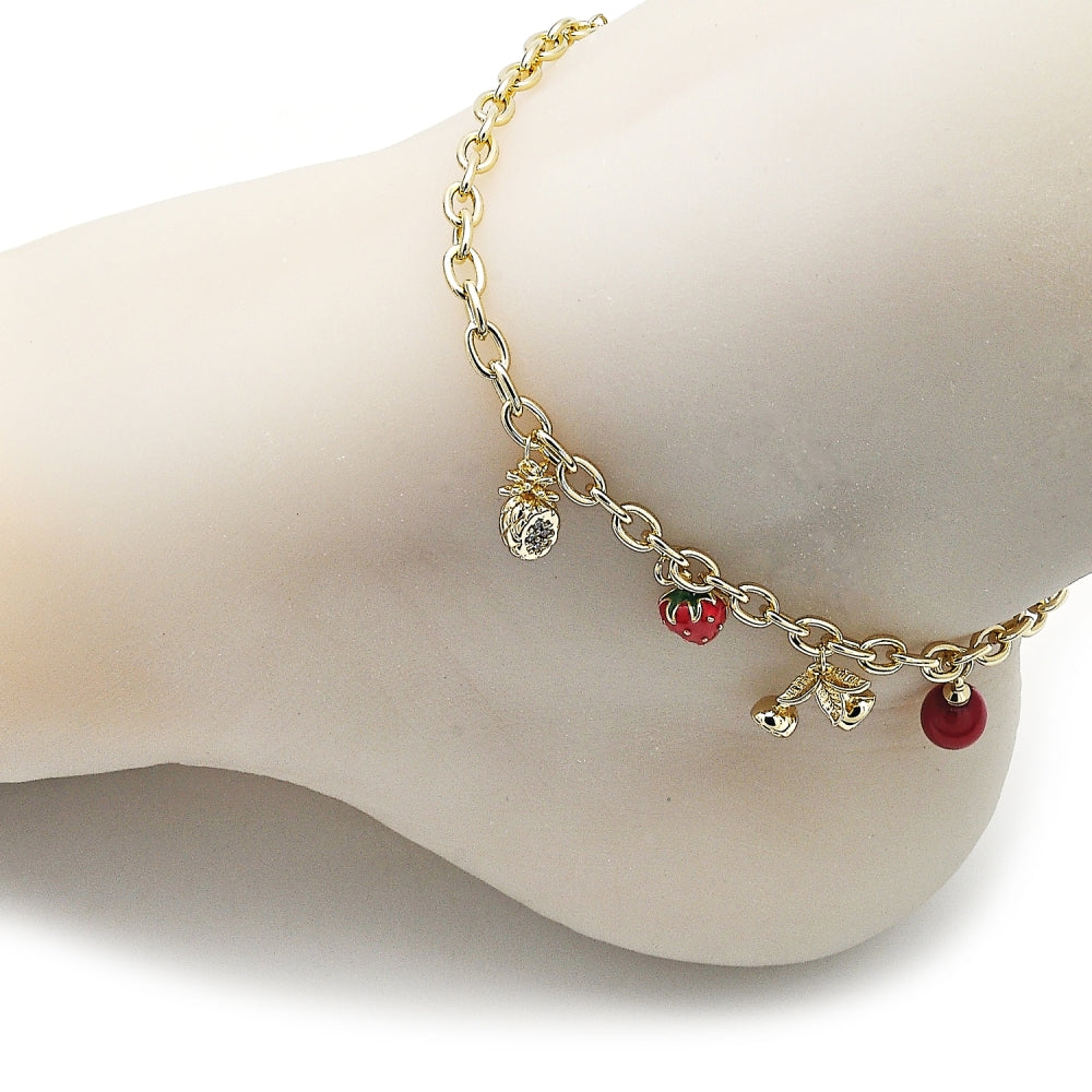 Oro Laminado Charm Anklet , Gold Filled Style Rolo and Pineapple Design, with White Micro Pave and Garnet Pearl, Red Enamel Finish, Golden Finish