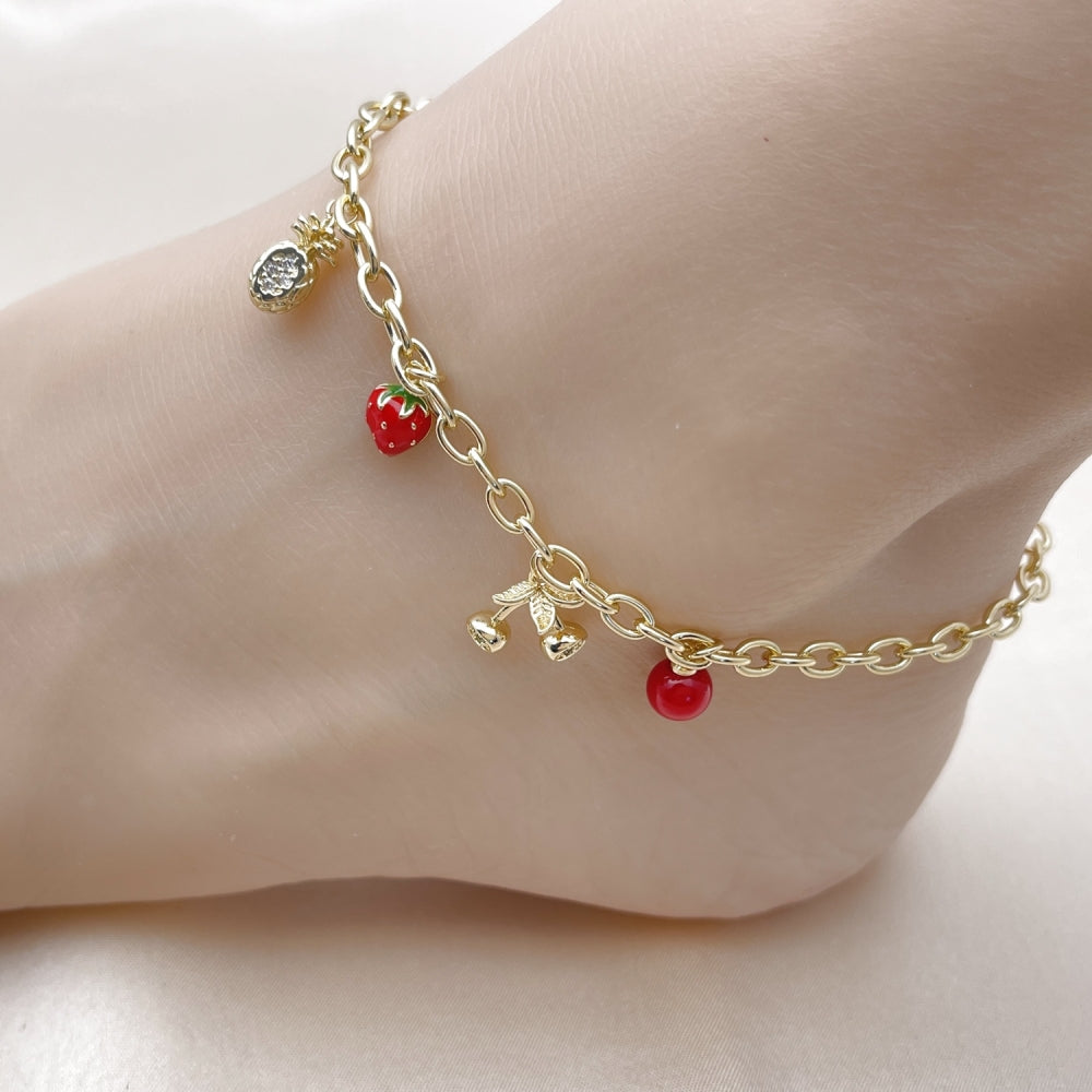 Oro Laminado Charm Anklet , Gold Filled Style Rolo and Pineapple Design, with White Micro Pave and Garnet Pearl, Red Enamel Finish, Golden Finish