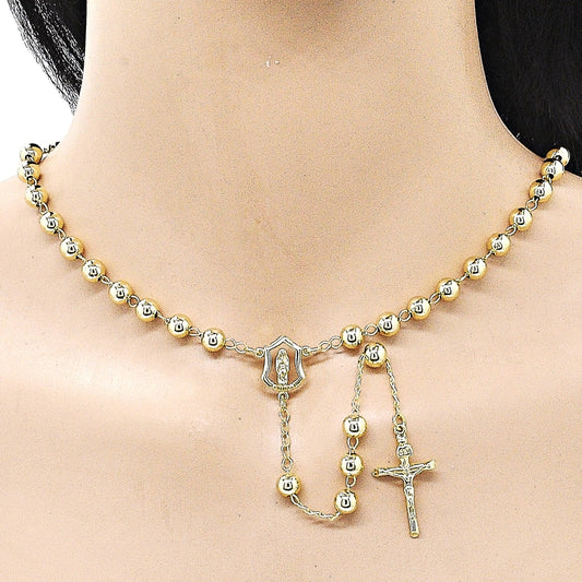Oro Laminado Medium Rosary, Gold Filled Style Guadalupe and Crucifix Design, Polished, Golden Finish