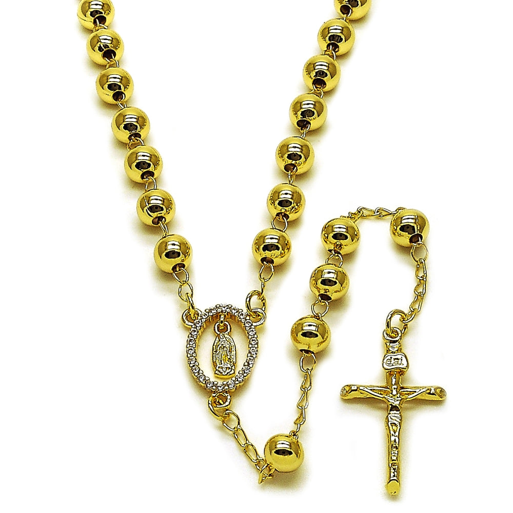 Oro Laminado Medium Rosary, Gold Filled Style Guadalupe and Crucifix Design, with White Cubic Zirconia, Polished, Golden Finish