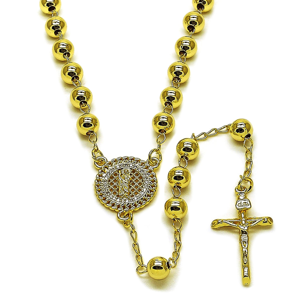 Oro Laminado Medium Rosary, Gold Filled Style San Judas and Crucifix Design, with White Micro Pave, Polished, Golden Finish