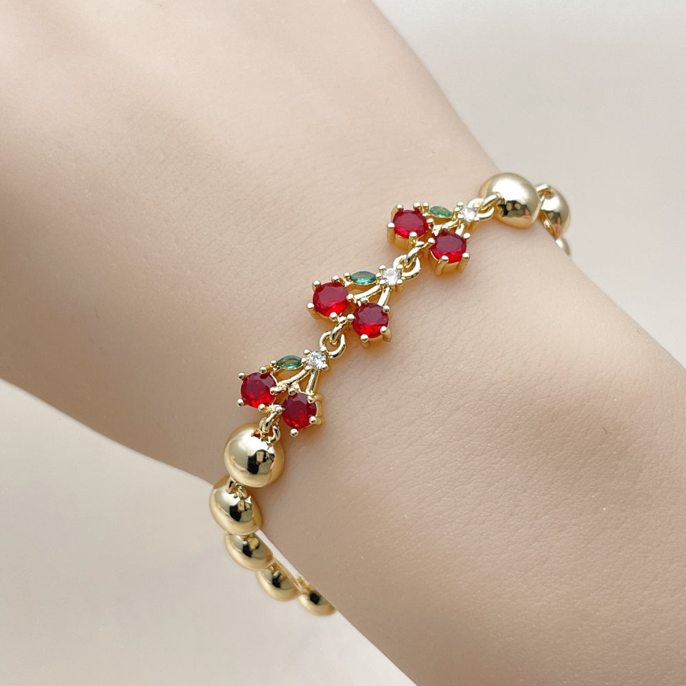 Oro Laminado Fancy Bracelet, Gold Filled Style Cherry and Ball Design, with Garnet and Green Cubic Zirconia, Polished, Golden Finish
