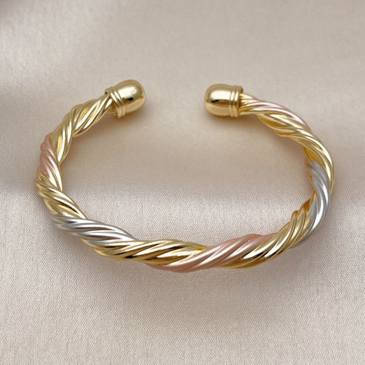 Oro Laminado Individual Bangle, Gold Filled Style Twist and Hollow Design, Polished, Tricolor