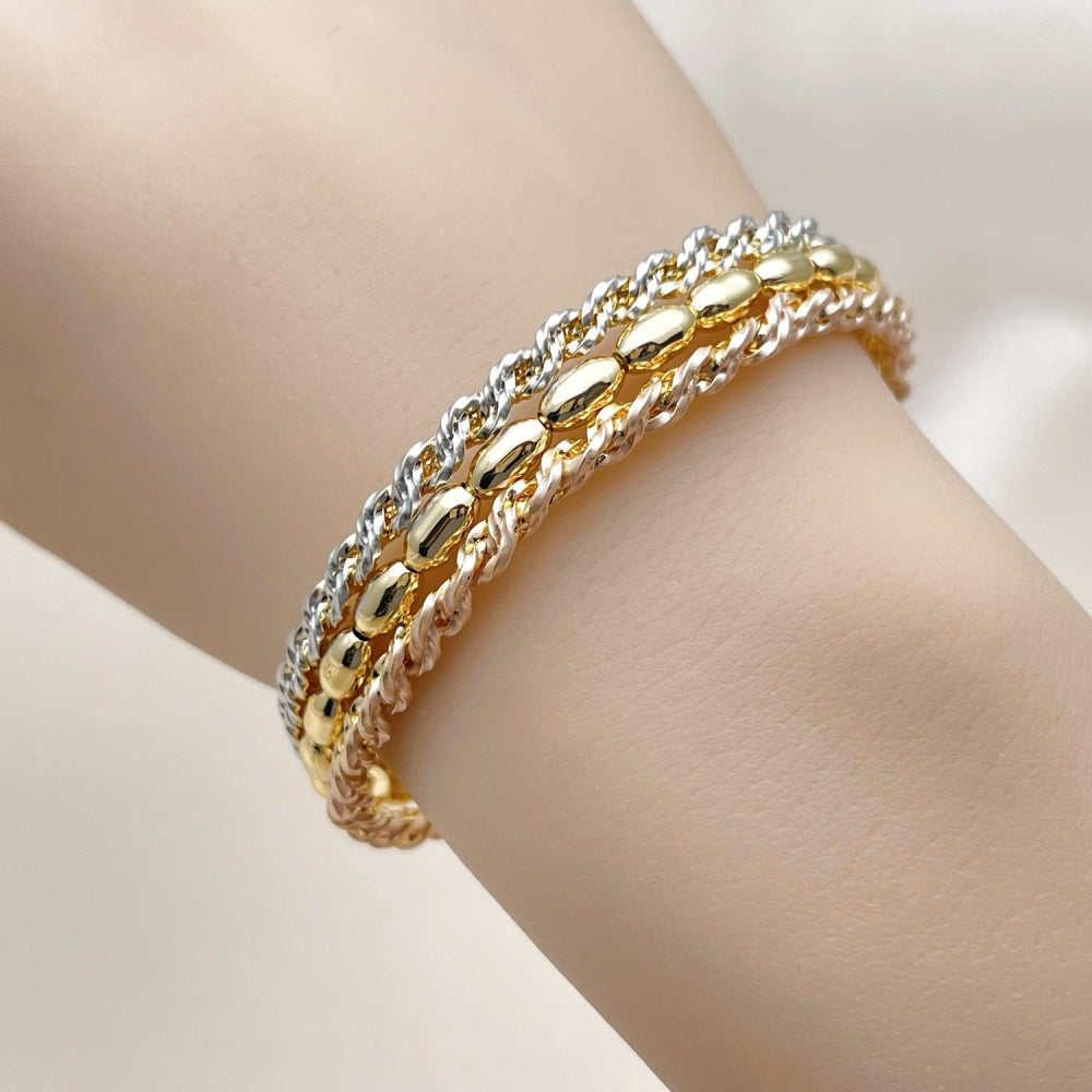 Oro Laminado Individual Bangle, Gold Filled Style Twist and Ball Design, Polished, Tricolor