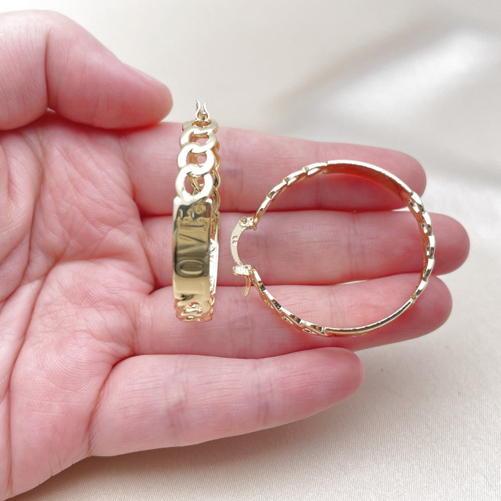 Oro Laminado Medium Hoop, Gold Filled Style Miami Cuban and Love Design, Polished, Golden Finish